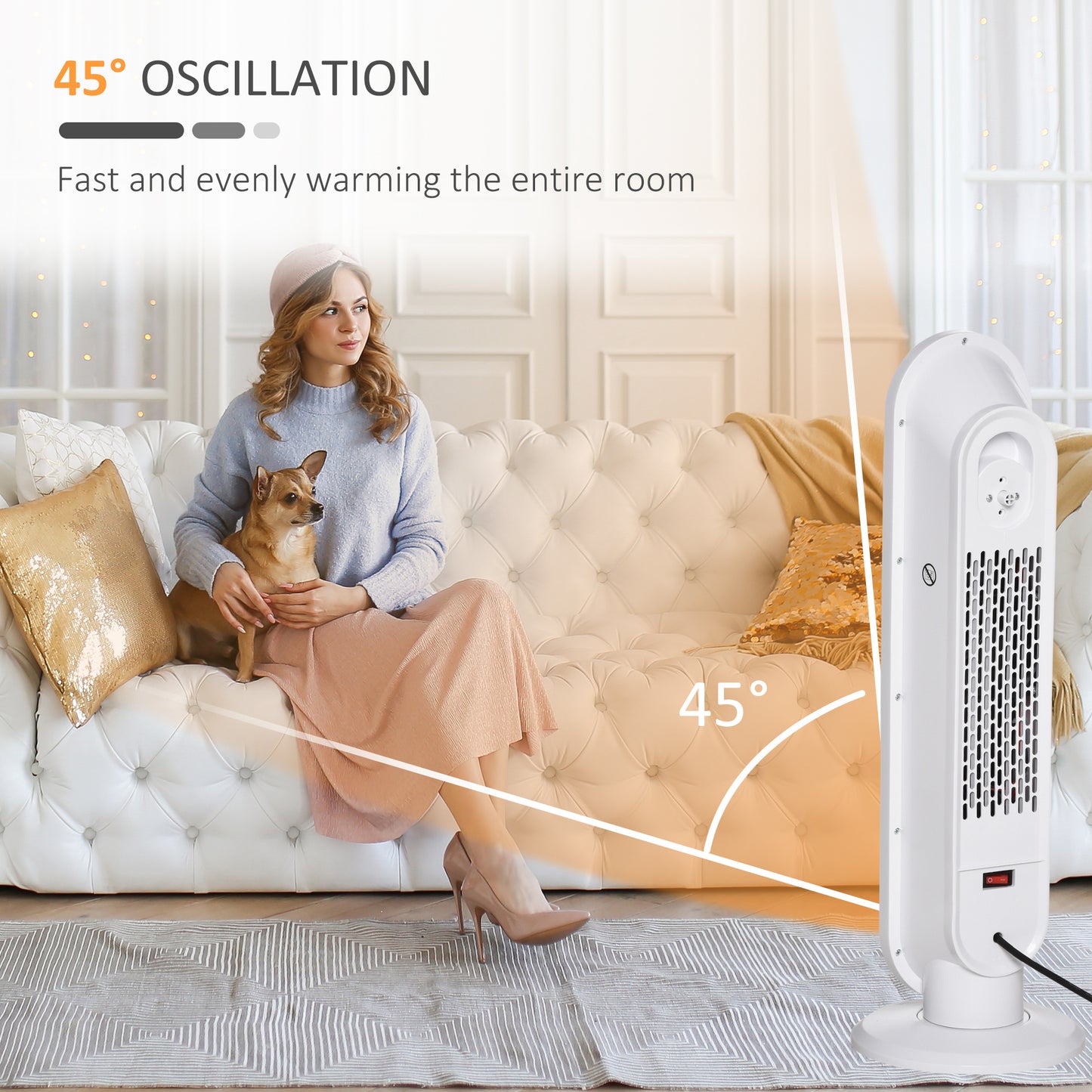 Ceramic Space Heater Tower Heater with 45-degree Oscillation, White