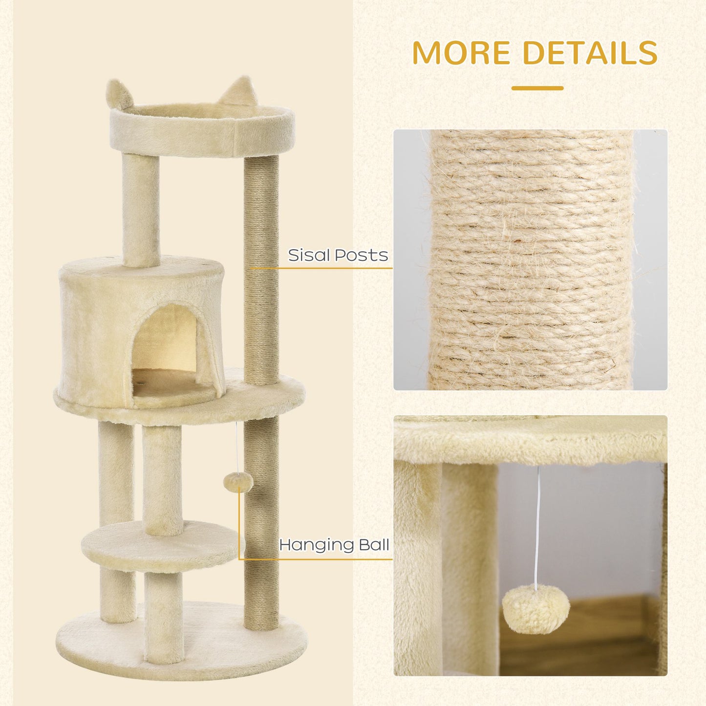 104 cm Cat Tree, Cat Condo Tree Tower, Cat Activity Centre with Scratching Posts, Plush Perch, Hanging Ball - Beige