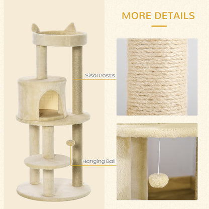 104 cm Cat Tree, Cat Condo Tree Tower, Cat Activity Centre with Scratching Posts, Plush Perch, Hanging Ball - Beige