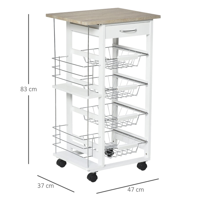 Rolling Kitchen Cart, Utility Storage Cart with 4 Basket Drawers & Side Racks, Wheels for Dining Room, Brown