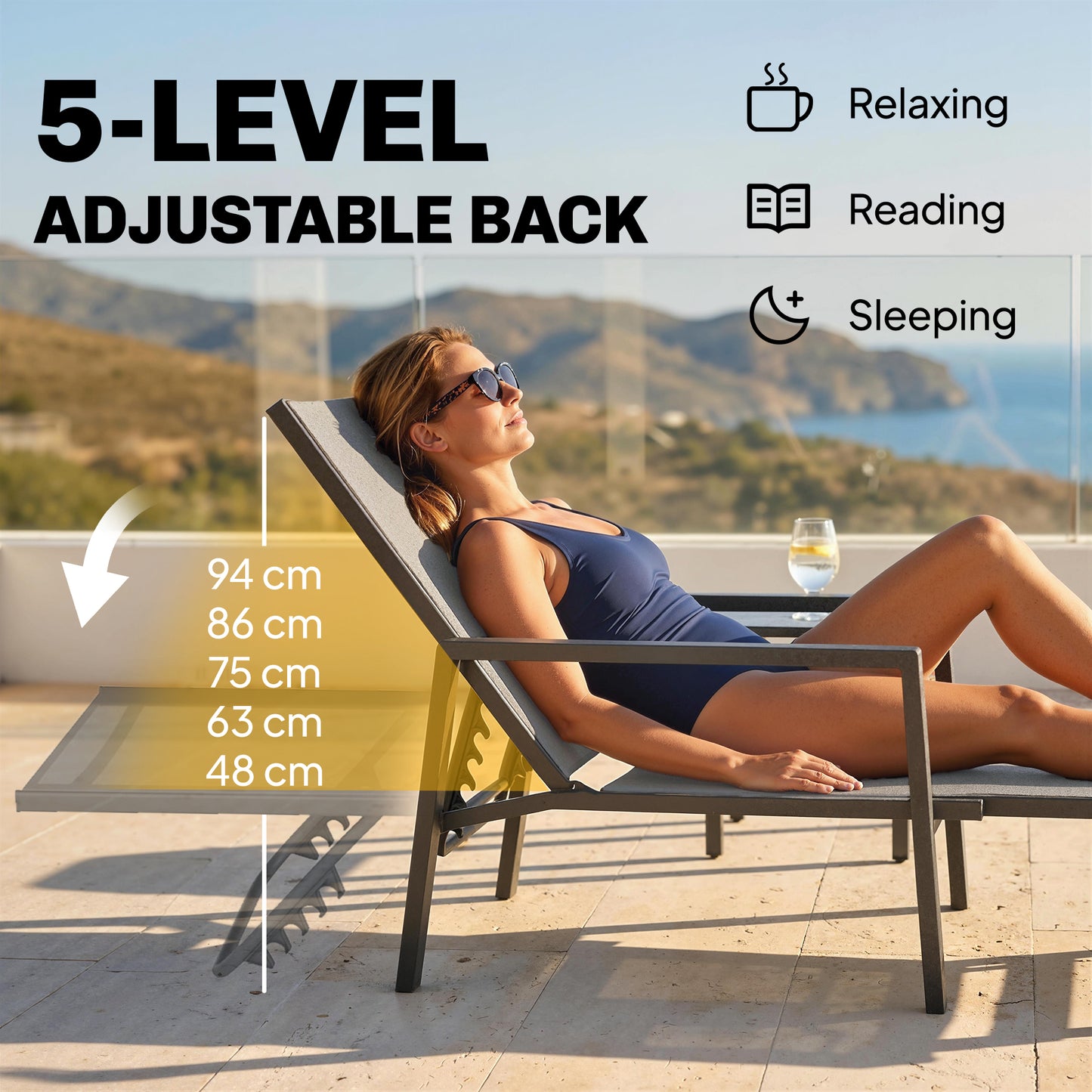 Sun Loungers Set of 2 w/ Retractable Footrest 5-Position Adjustable
