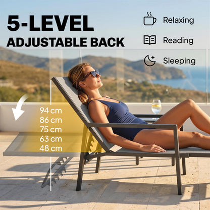 Sun Loungers Set of 2 w/ Retractable Footrest 5-Position Adjustable