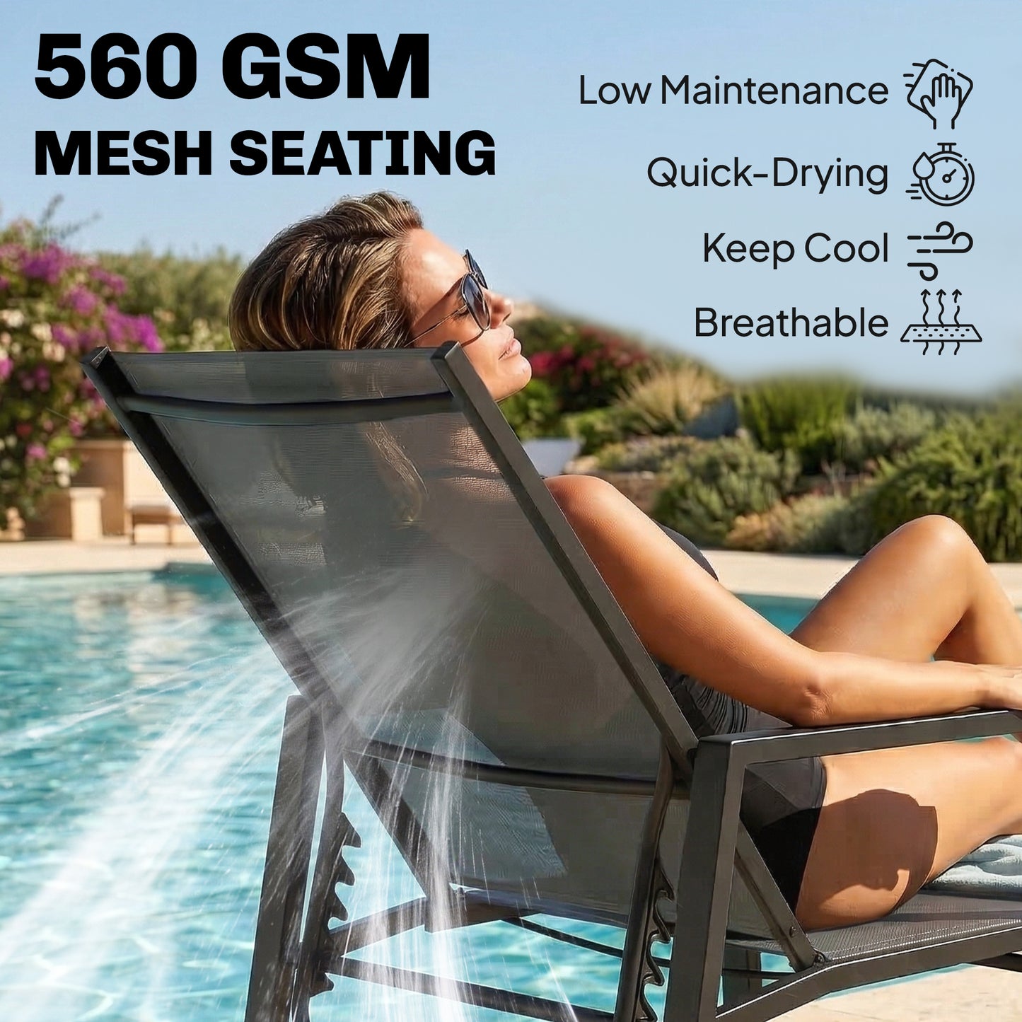 Sun Loungers Set of 2 w/ Retractable Footrest 5-Position Adjustable