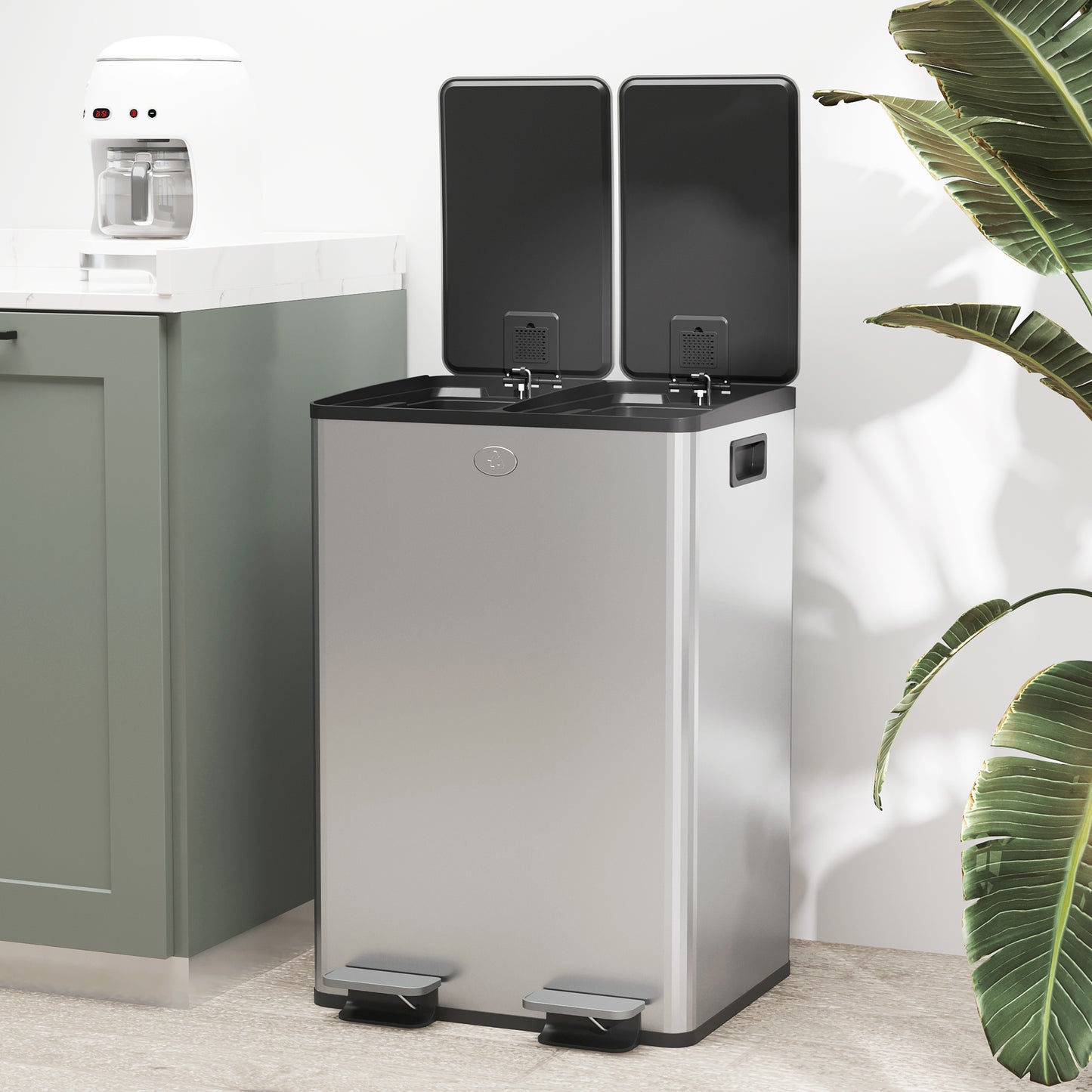 2 x 28L Dual Kitchen Bin Pedal Bin for Recycling and Waste, Silver