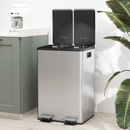 2 x 28L Dual Kitchen Bin Pedal Bin for Recycling and Waste, Silver