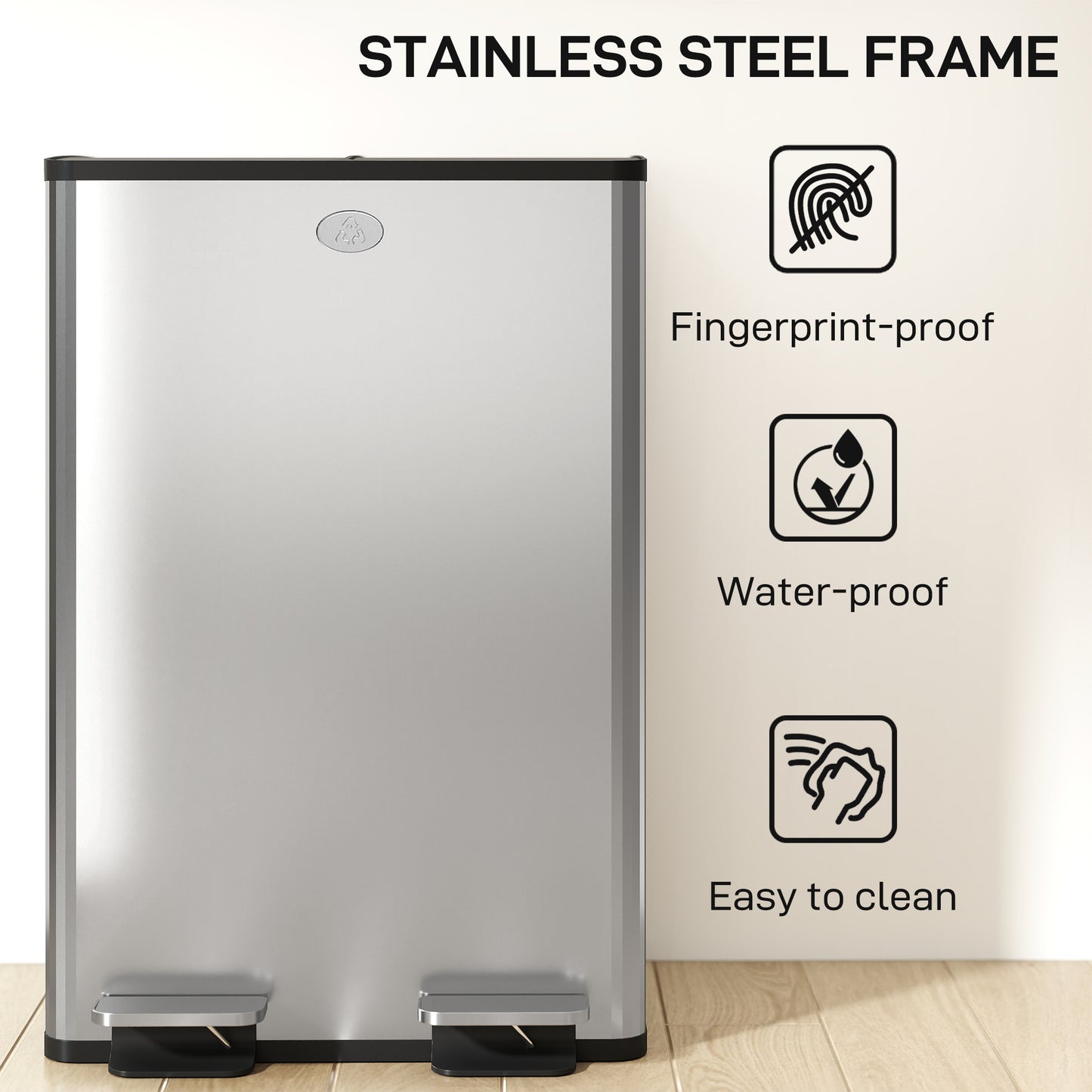2 x 28L Dual Kitchen Bin Pedal Bin for Recycling and Waste, Silver