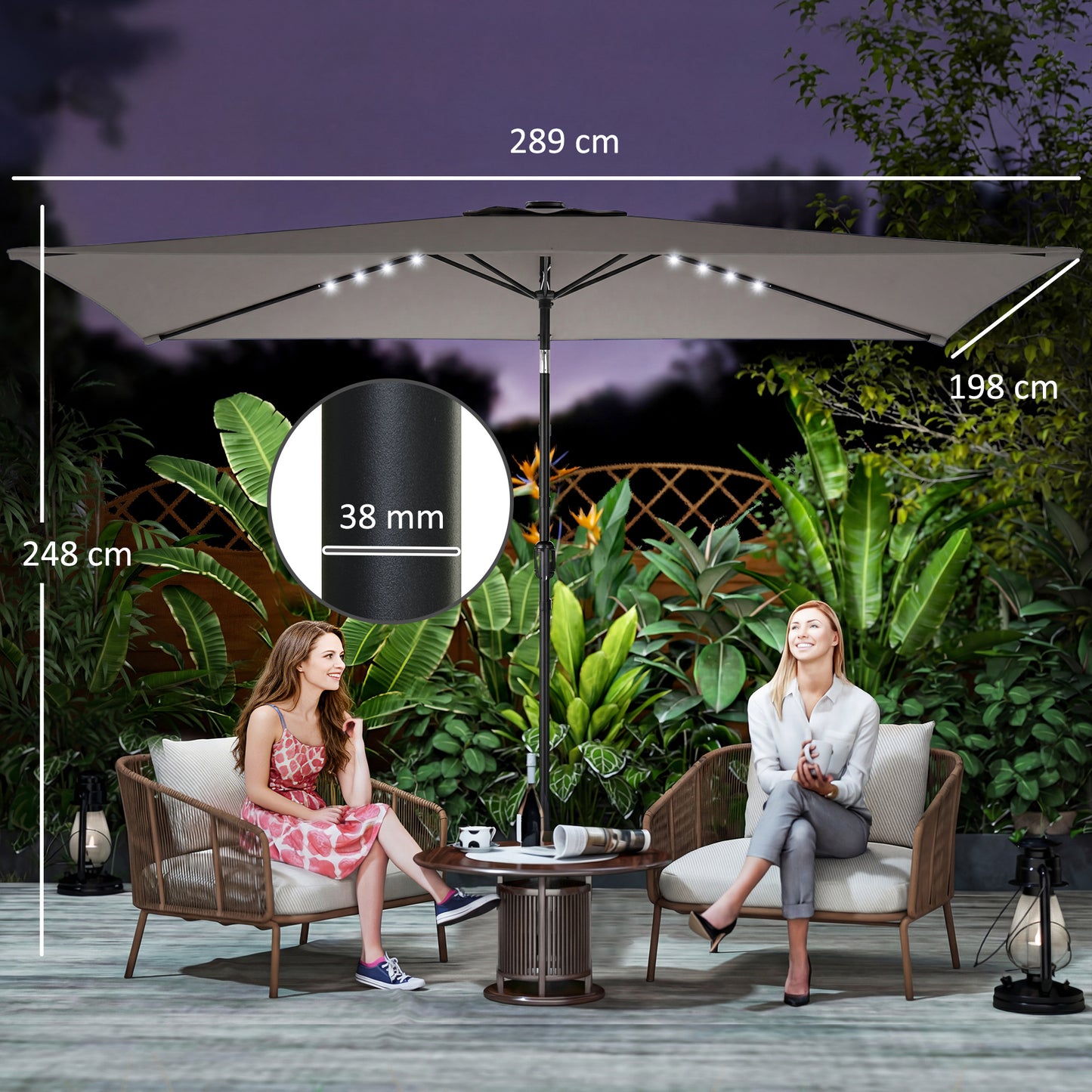 3 x 2 m Garden Parasol Umbrella with Light, Outdoor Patio Umbrella