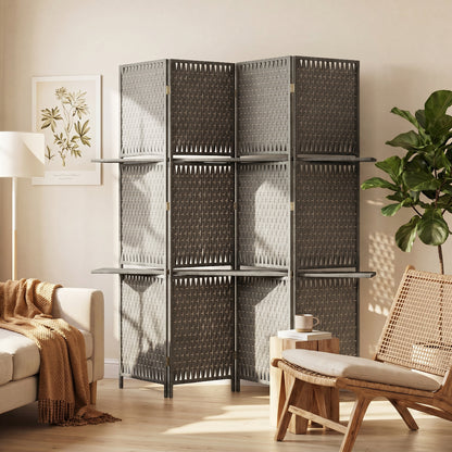 4-Panel Room Divider with Shelves, Wave Fibre Freestanding Folding Privacy Screen Panels, Partition Wall Divider for Indoor Bedroom Office, 180 cm, Grey