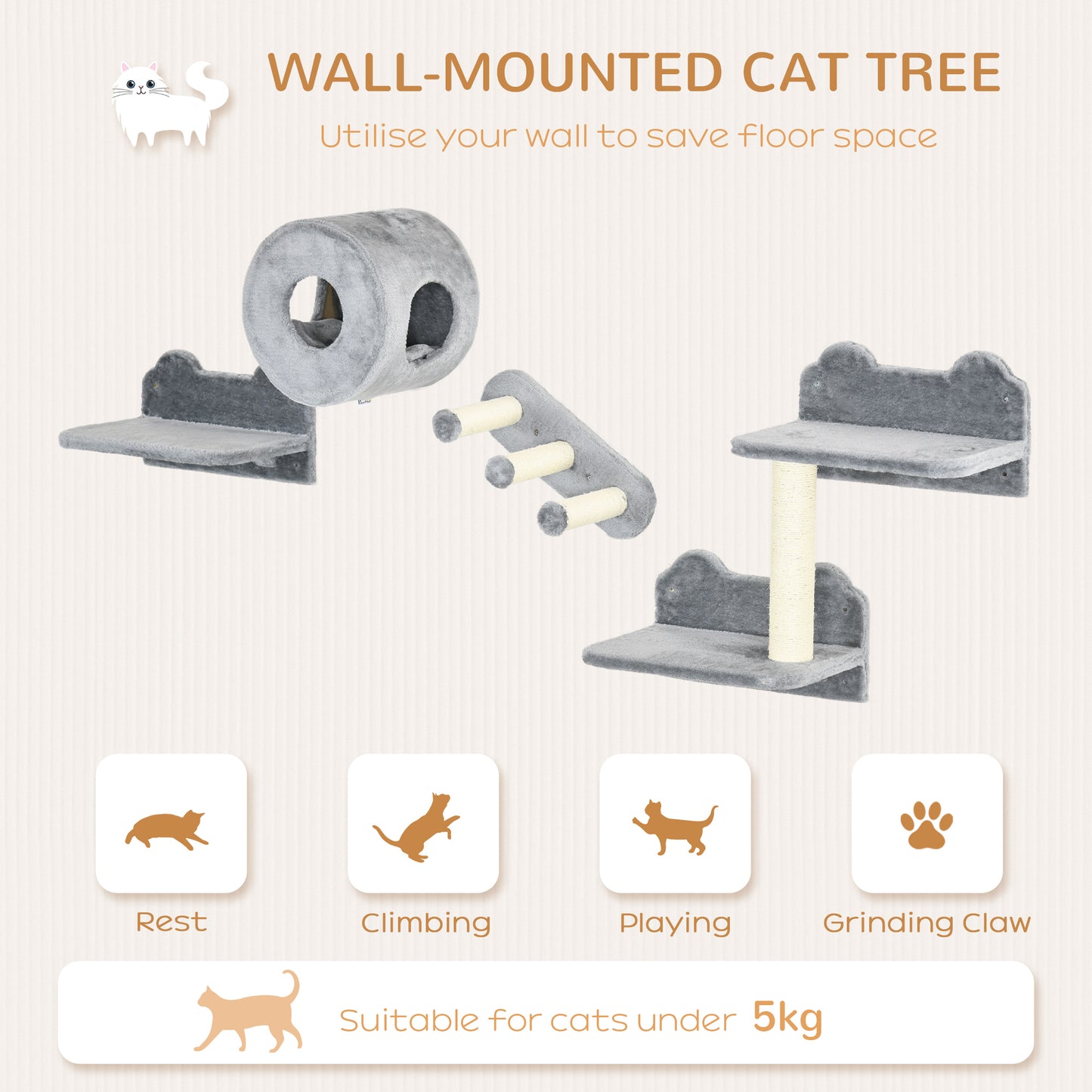 Cat Wall Furniture with Platforms, Steps, Perch, Cat House - Grey