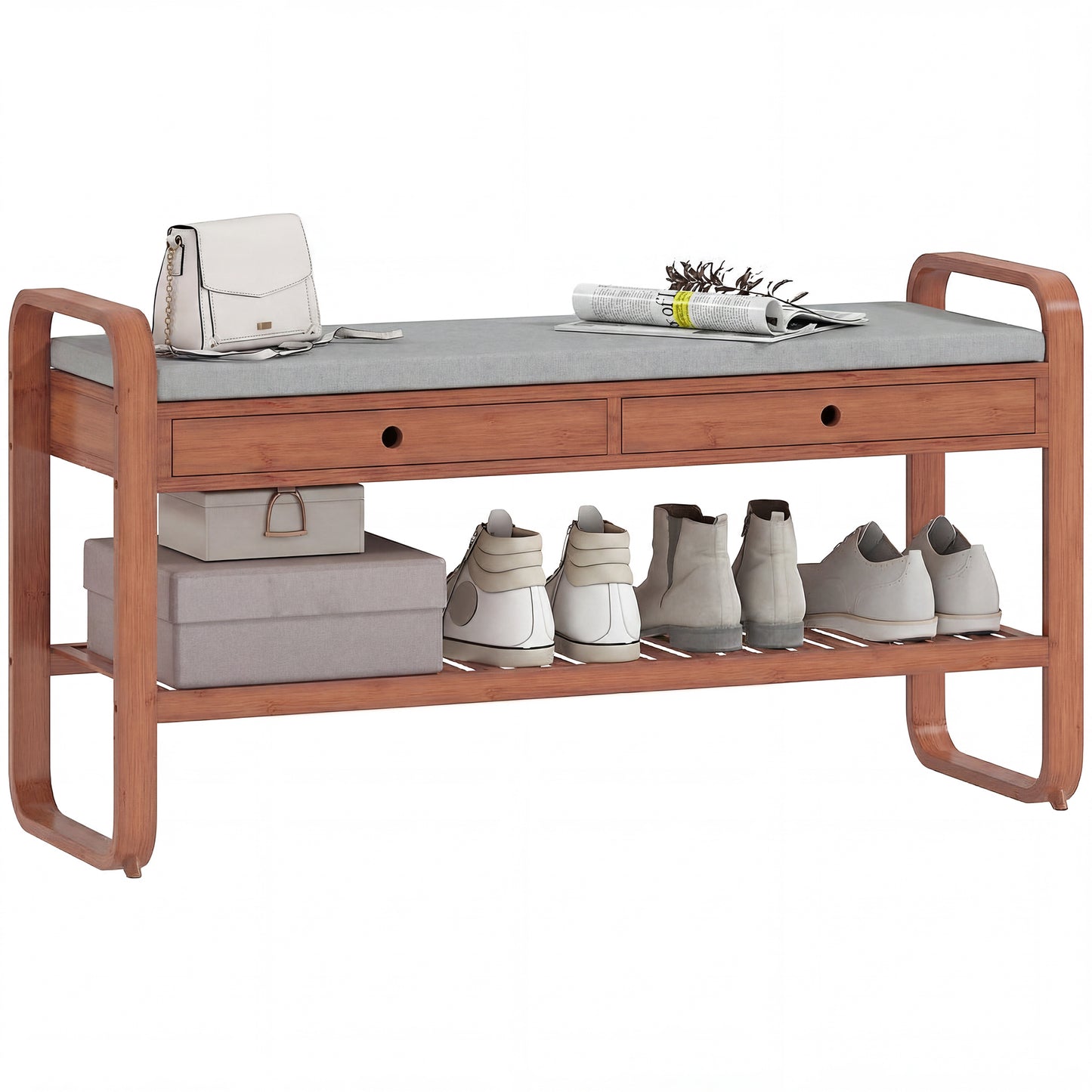 Shoe Bench with 2 Drawers, Shoe Storage Bench with Cushioned Seat, Storage Shelf and Bamboo Frame, 130 kg Weight Capacity, 105 x 33.2 x 55 cm, Dark Brown and Grey