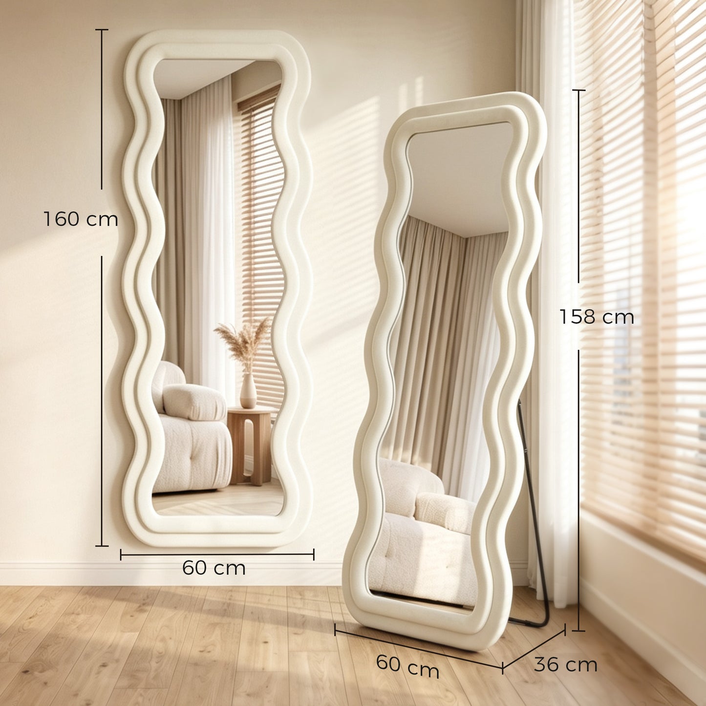 Full Length Mirror, 160 x 60 cm Velvet Wall Standing Mirror, Cream