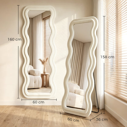Full Length Mirror, 160 x 60 cm Velvet Wall Standing Mirror, Cream