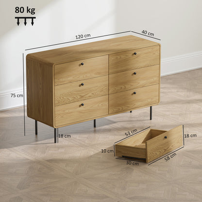 Chest of Drawers for Bedroom, Modern 6 Drawer Dresser, Oak