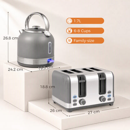 1.7L 3000W Fast Boil Electric Kettle and 4 Slice Toaster Set, Grey