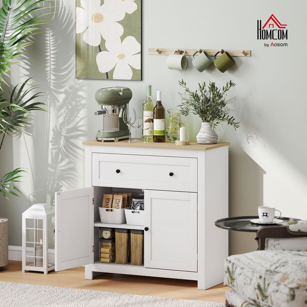 Sideboard Storage Cabinet with Adjustable Shelf, Drawer, White