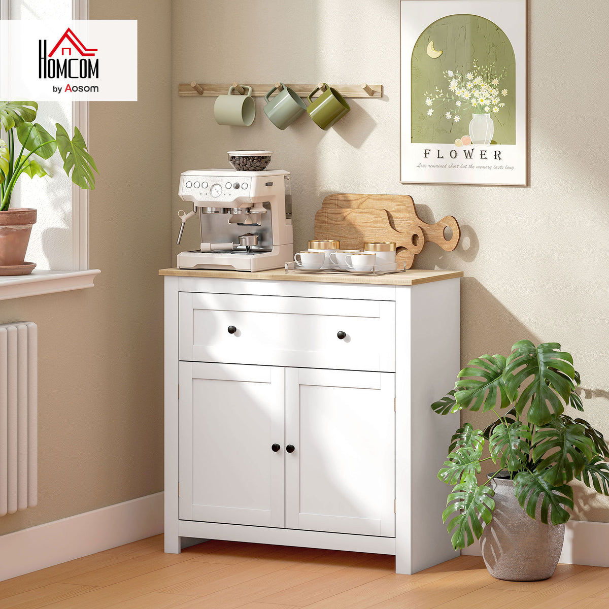 Sideboard Storage Cabinet with Adjustable Shelf, Drawer, White