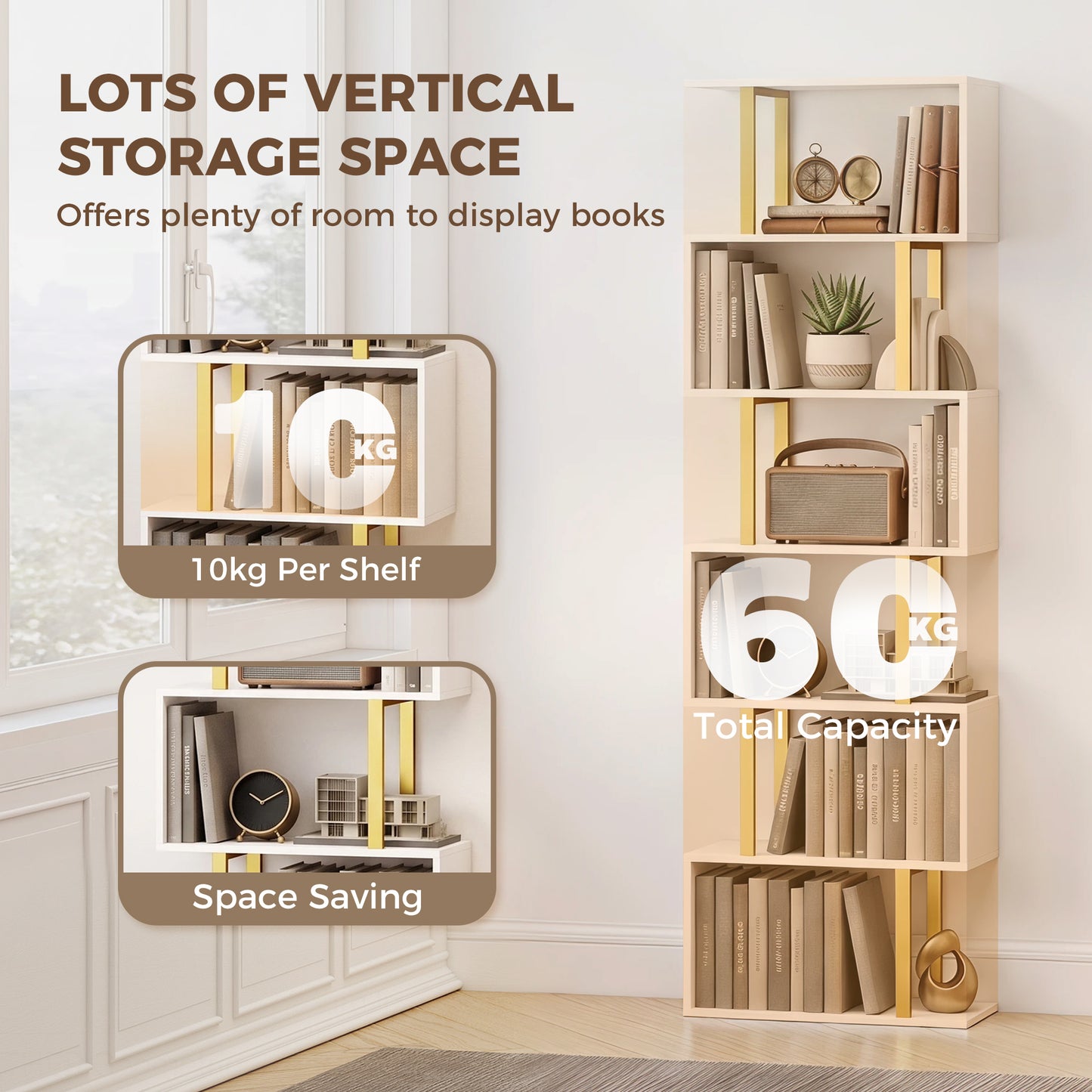 S-Shaped Bookshelf, 6-Tier Bookcase with Anti-Tip Strap, White