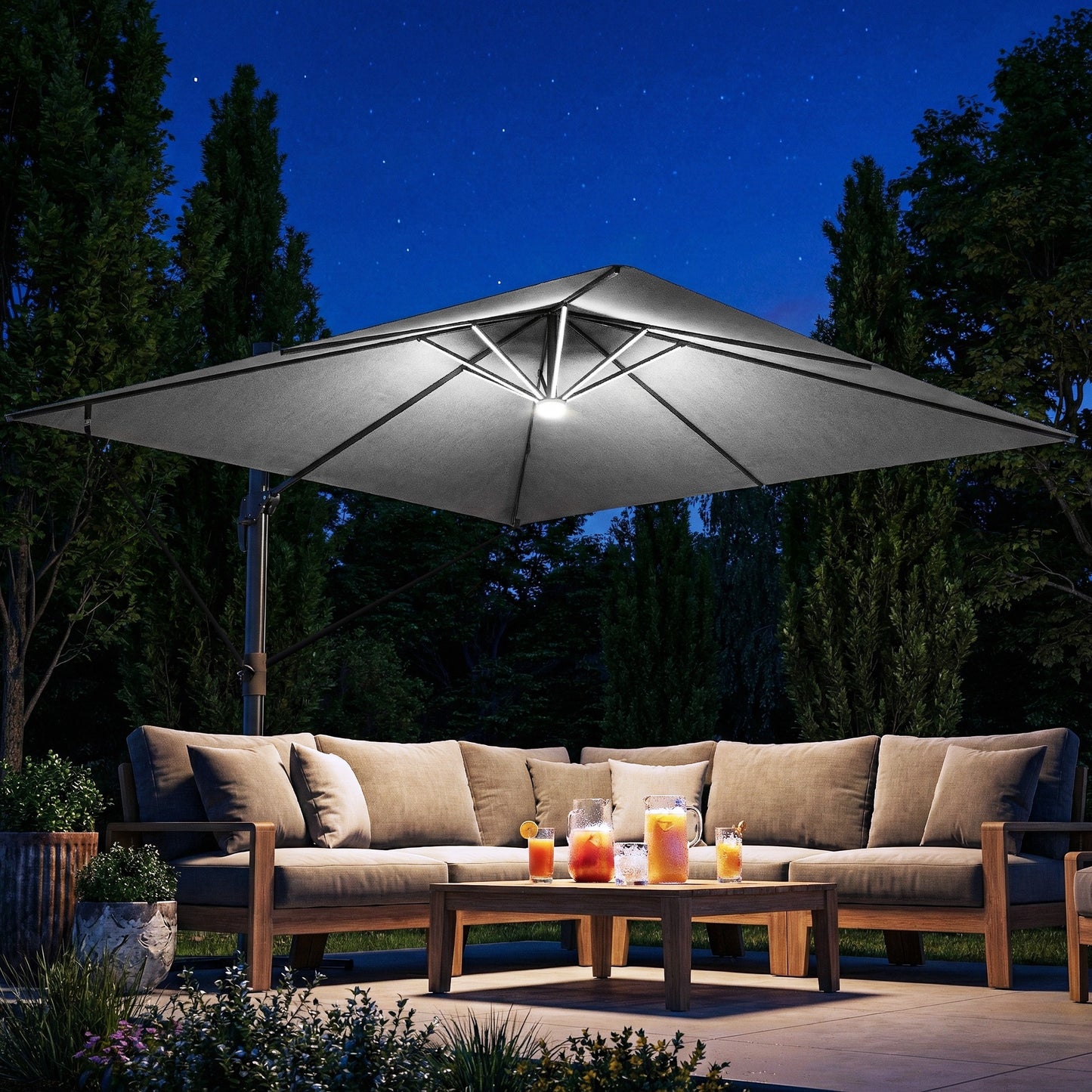 3 x 3 m Garden Cantilever Parasol w/ Light, Cover, Wind Protection