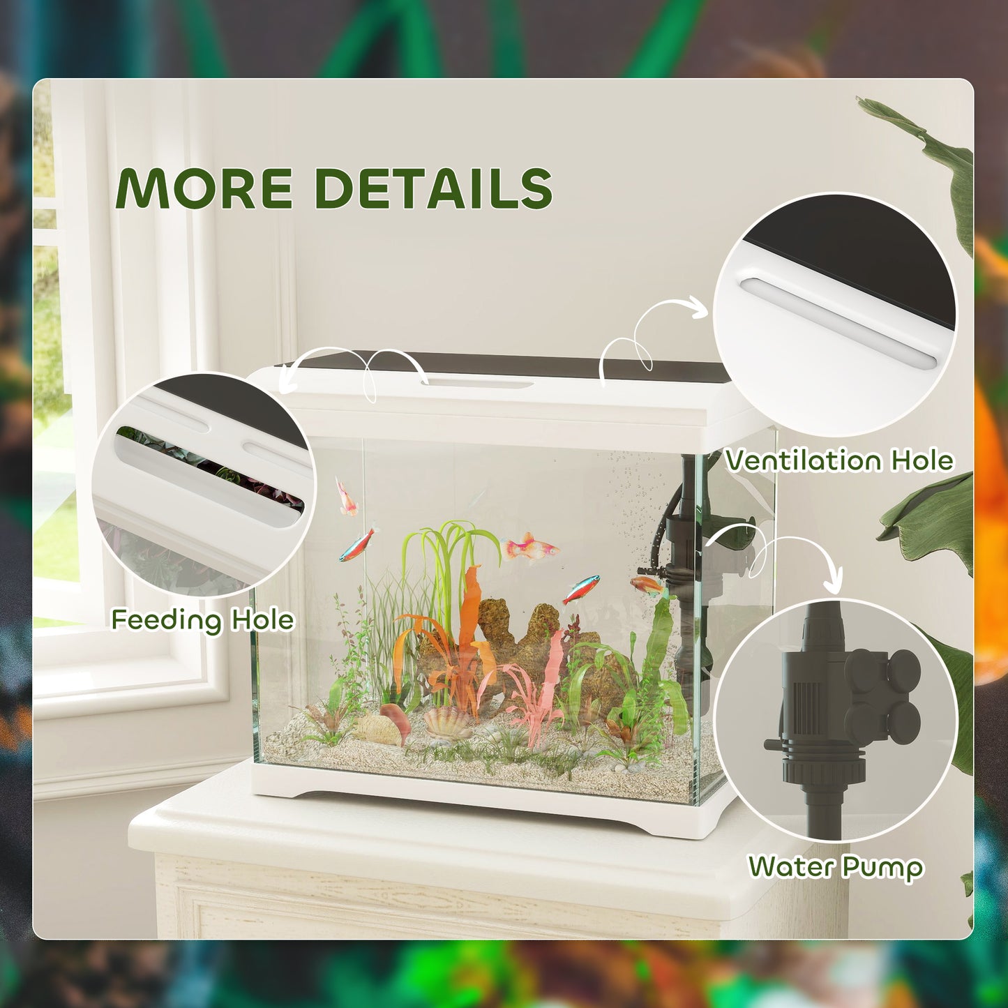 27L Fish Tank, Glass Aquarium with Filter System, LED Light, Water Pump, Fish Tank Starter Kits for Betta, Goldfish, Shrimps, Cold Water Fish, White