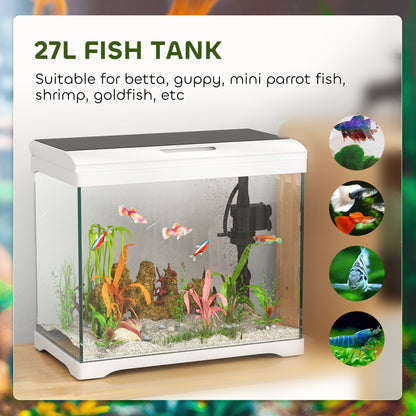27L Fish Tank, Glass Aquarium with Filter System, LED Light, Water Pump, Fish Tank Starter Kits for Betta, Goldfish, Shrimps, Cold Water Fish, White
