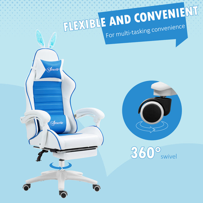 Racing Style Gaming Chair with Footrest Removable Rabbit Ears, Blue