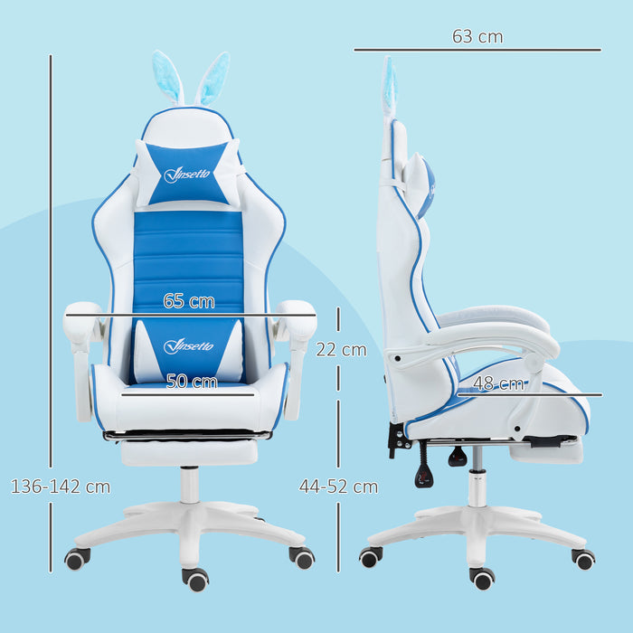 Racing Style Gaming Chair with Footrest Removable Rabbit Ears, Blue