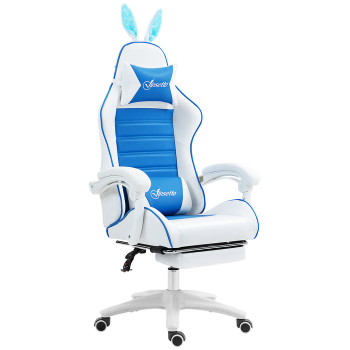 Racing Style Gaming Chair with Footrest Removable Rabbit Ears, Blue