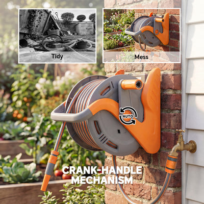 Portable Garden Hose Reel, 20+2 m Wall-Mounted Hose Reel with 2 Patterns Spray Nozzle, Compact with Crank Handle for Garage Car Cleaning Watering, Orange