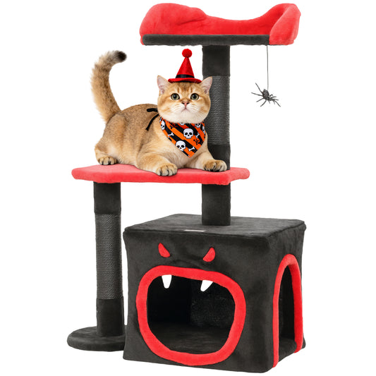 Gothic Cat Tree, Multilevel Cat Climbing Tower with Scratching Posts, Devil-Face Condo, Platform, Bed and Spider Toy, 83cm Indoor Kitty Activity Centre, Black, Halloween