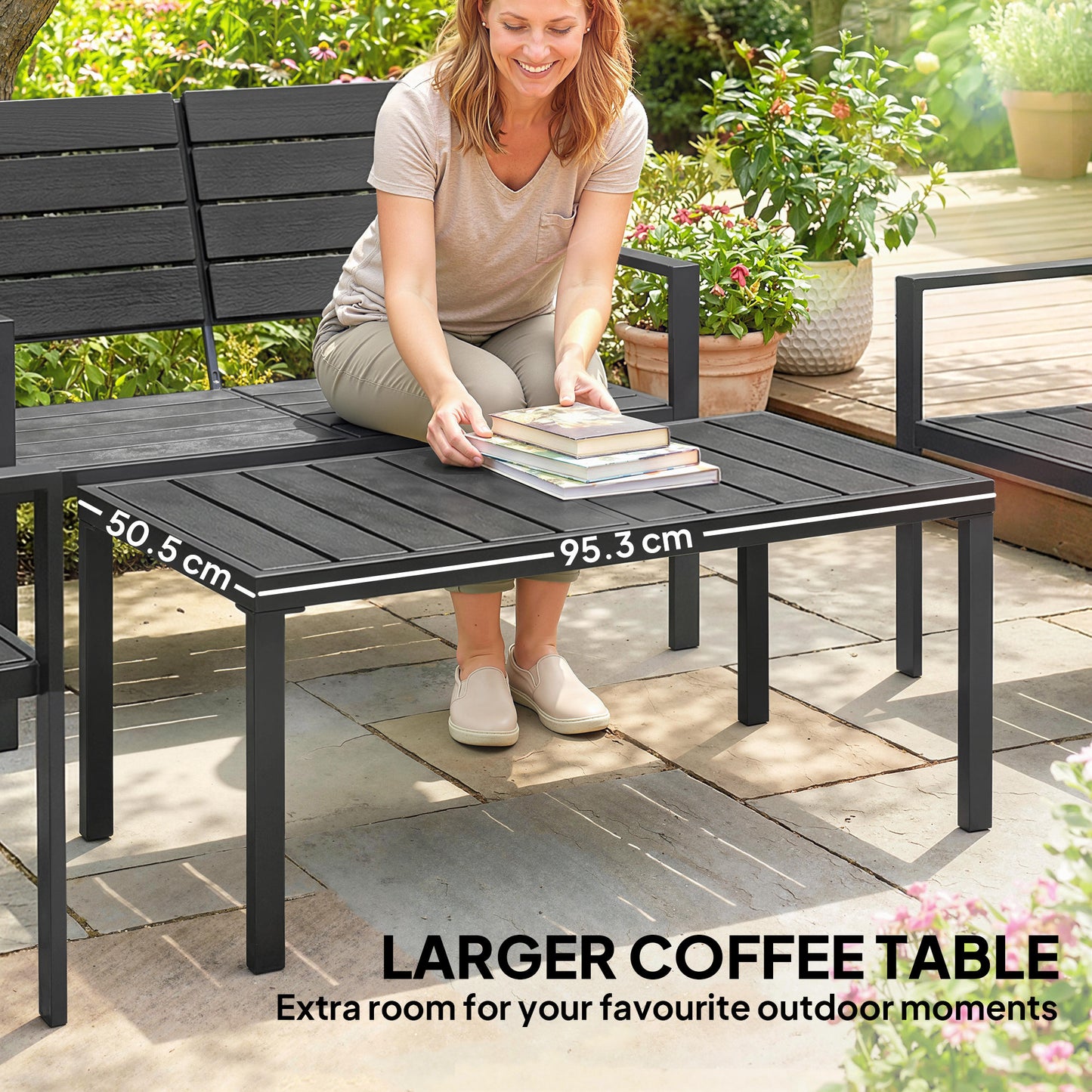 4 Piece Garden Furniture Set, HDPE Metal Outdoor Sofa, Black
