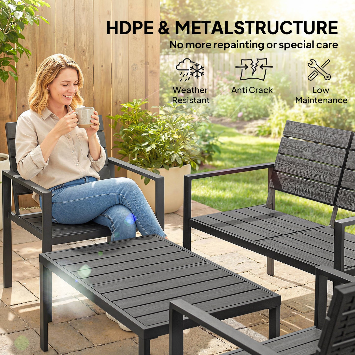 4 Piece Garden Furniture Set, HDPE Metal Outdoor Sofa, Black