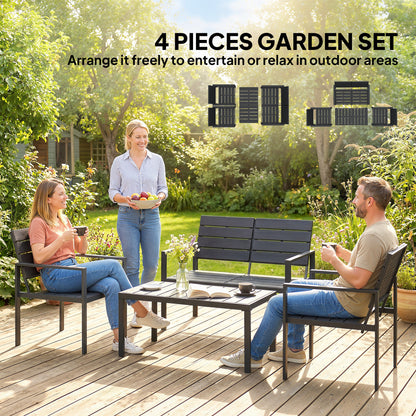 4 Piece Garden Furniture Set, HDPE Metal Outdoor Sofa, Black
