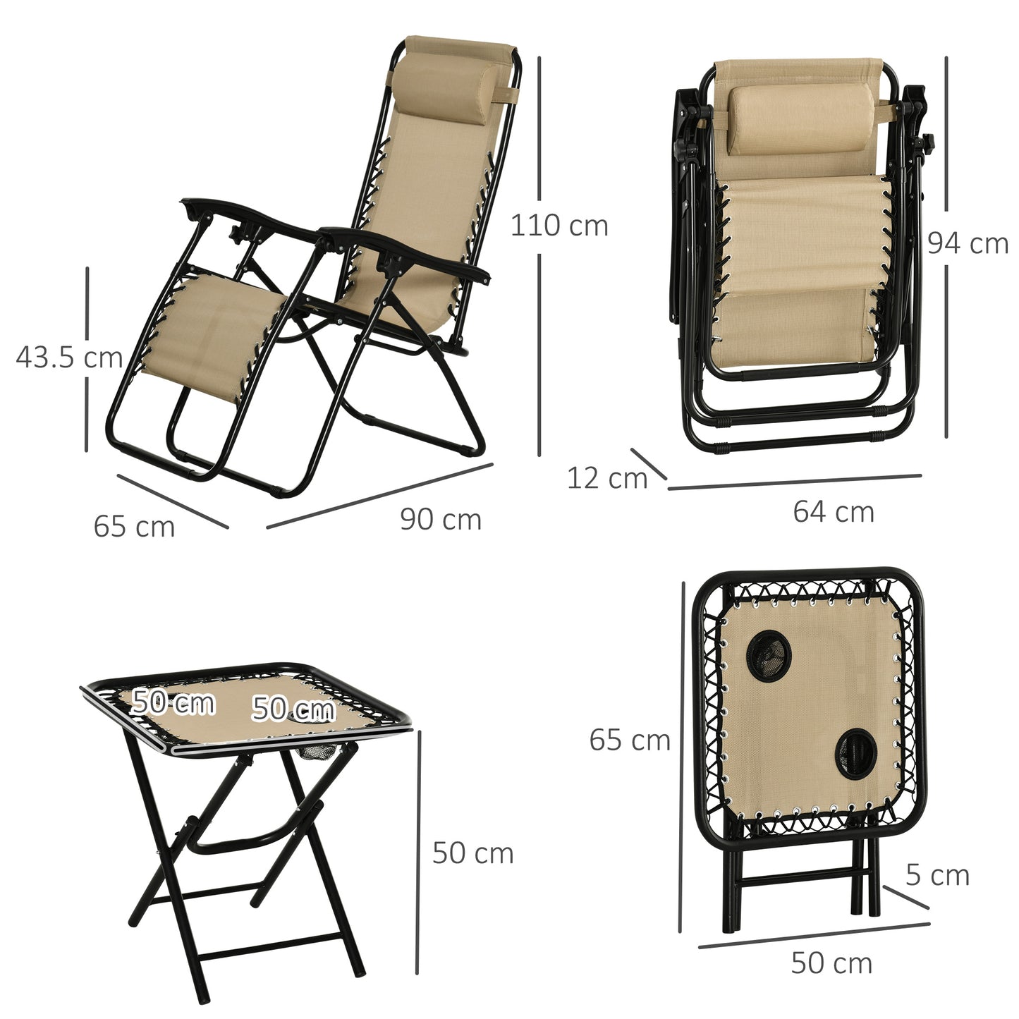 3PC Zero Gravity Chairs Sun Lounger Table Set w/ Cup Holders, Beige