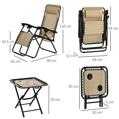 3PC Zero Gravity Chairs Sun Lounger Table Set w/ Cup Holders, Beige