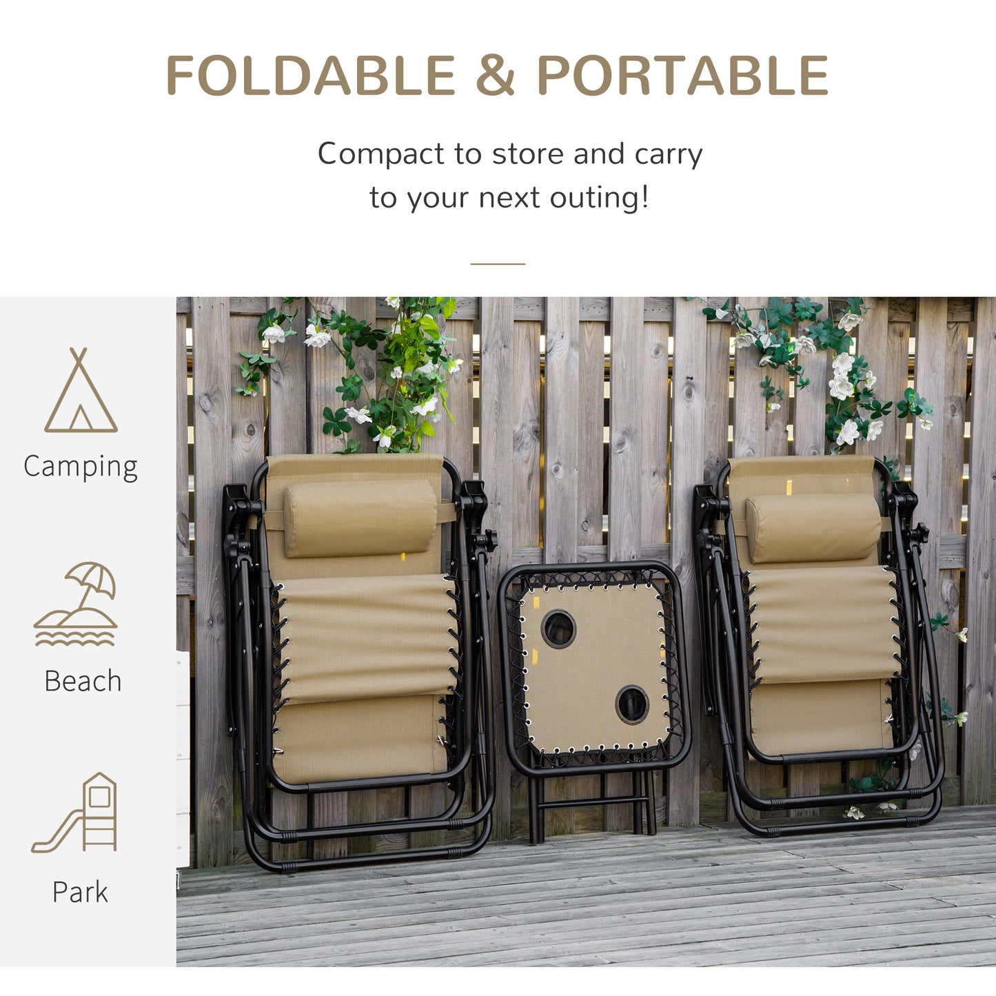 3PC Zero Gravity Chairs Sun Lounger Table Set w/ Cup Holders, Beige