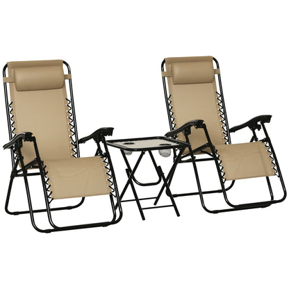 3PC Zero Gravity Chairs Sun Lounger Table Set w/ Cup Holders, Beige