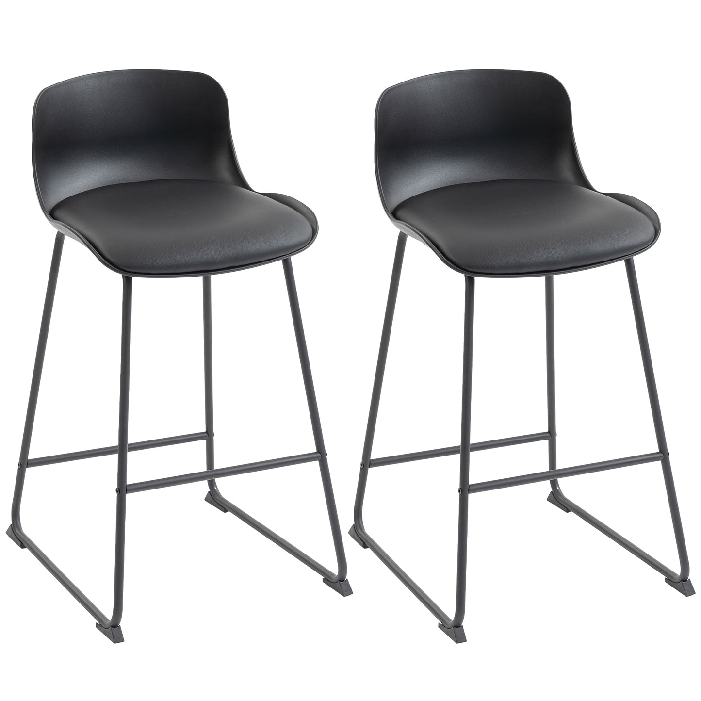 Modern Bar Stools Set of 2, PU Leather Upholstered Barstools, Black