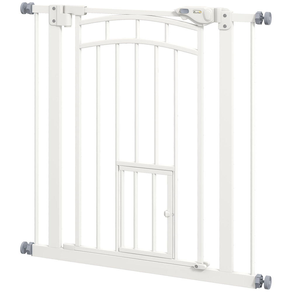 Pressure Fit Stair Gate, Dog Gate w/ Small Cat Door, Auto Closing System, Double Locking Openings, 74-80cm - White