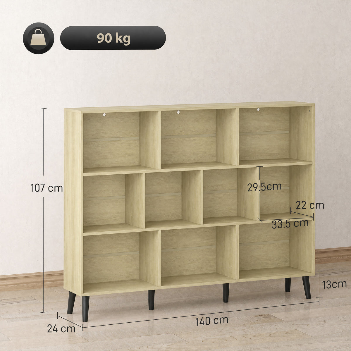 3-Tier Bookshelf with 10 Cubbies, Book Shelf with Wood Legs, Oak