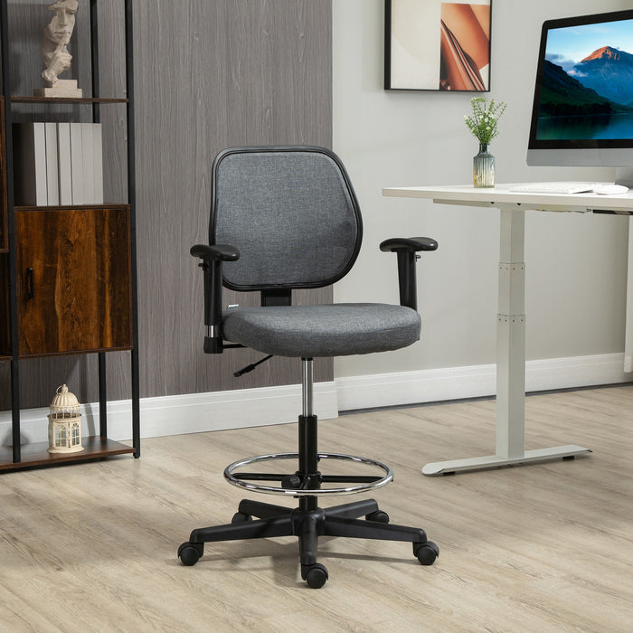 Drafting Chair Tall Office Fabric Standing Desk Chair with Adjustable Footrest Ring, Arm, Swivel Wheels, Grey