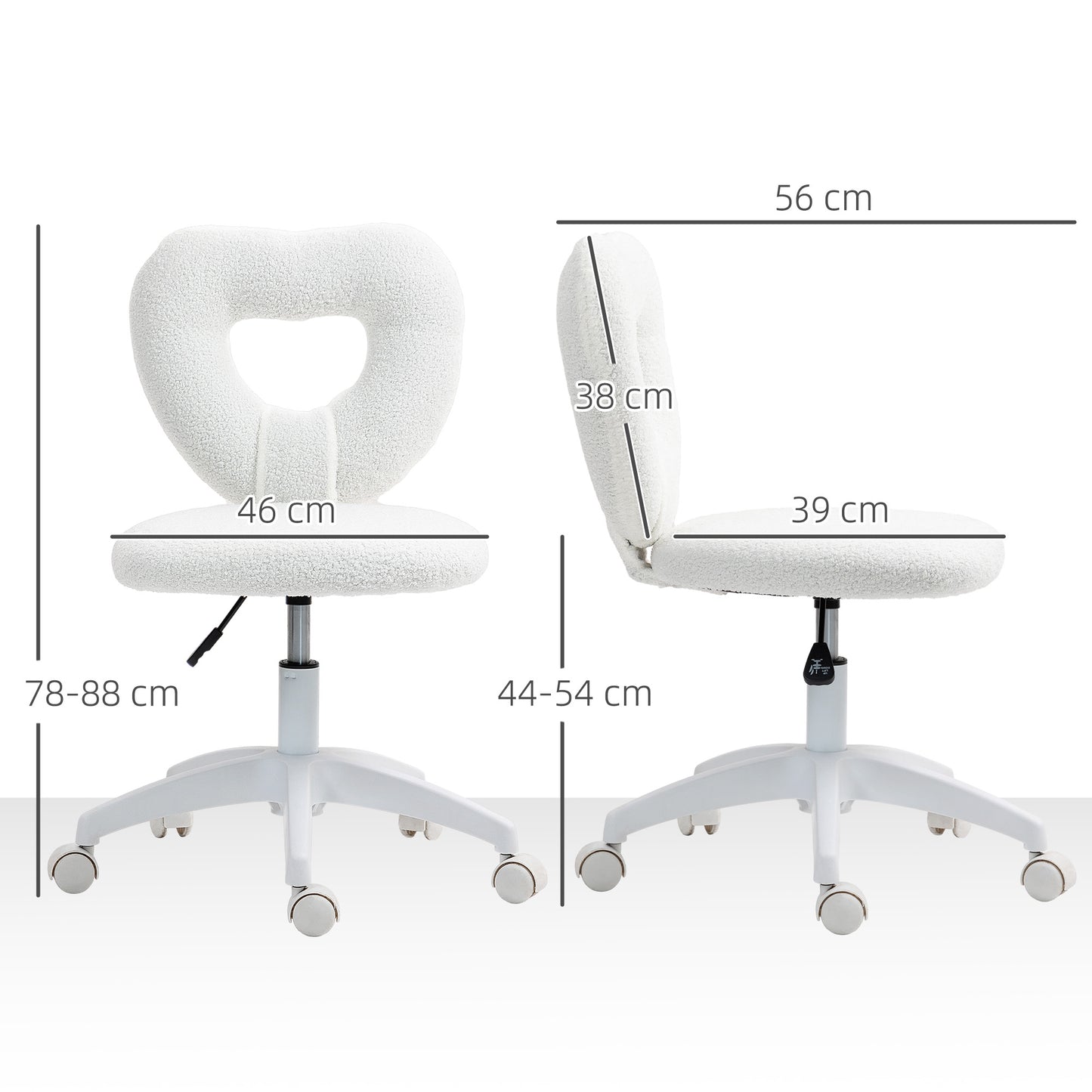 Armless Heart Desk Chair, Makeup Vanity Chair for Home, White