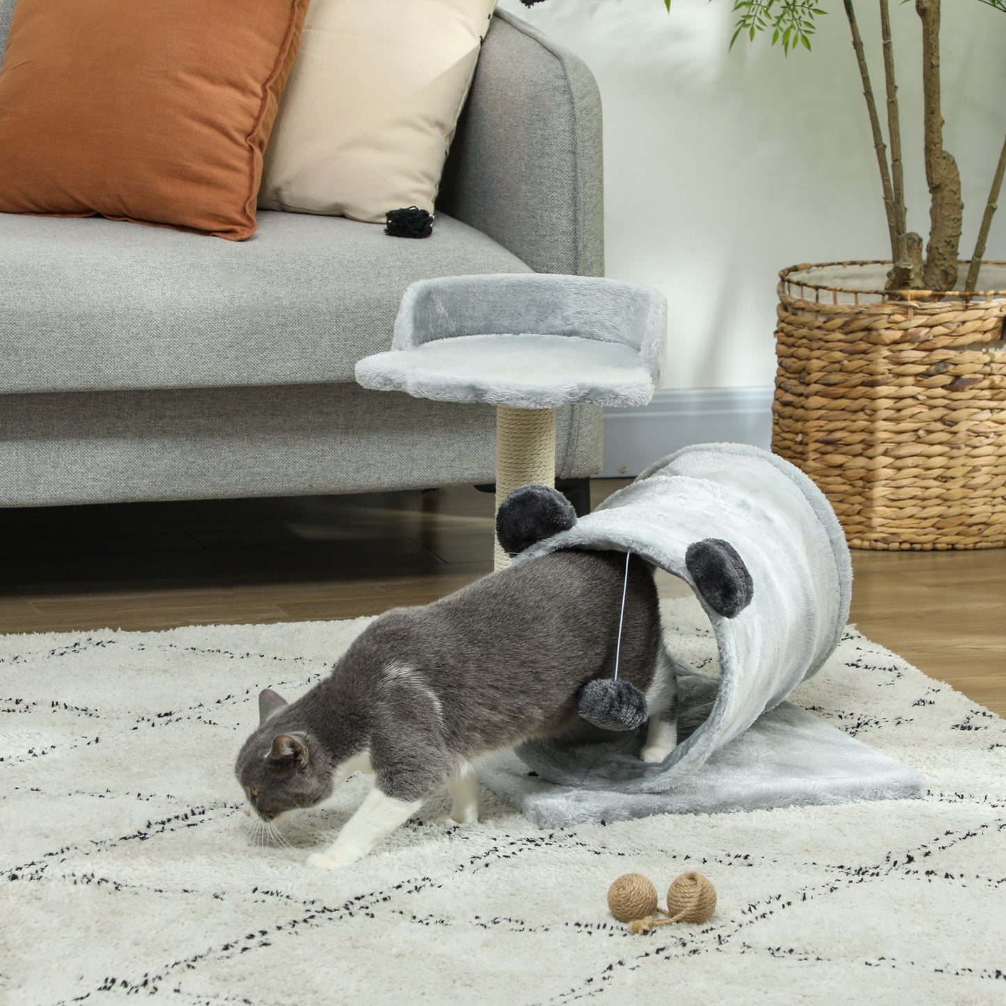 Cat Tree w/ Scratching Post, Bed, Cat Tunnel, Toy Ball, Grey
