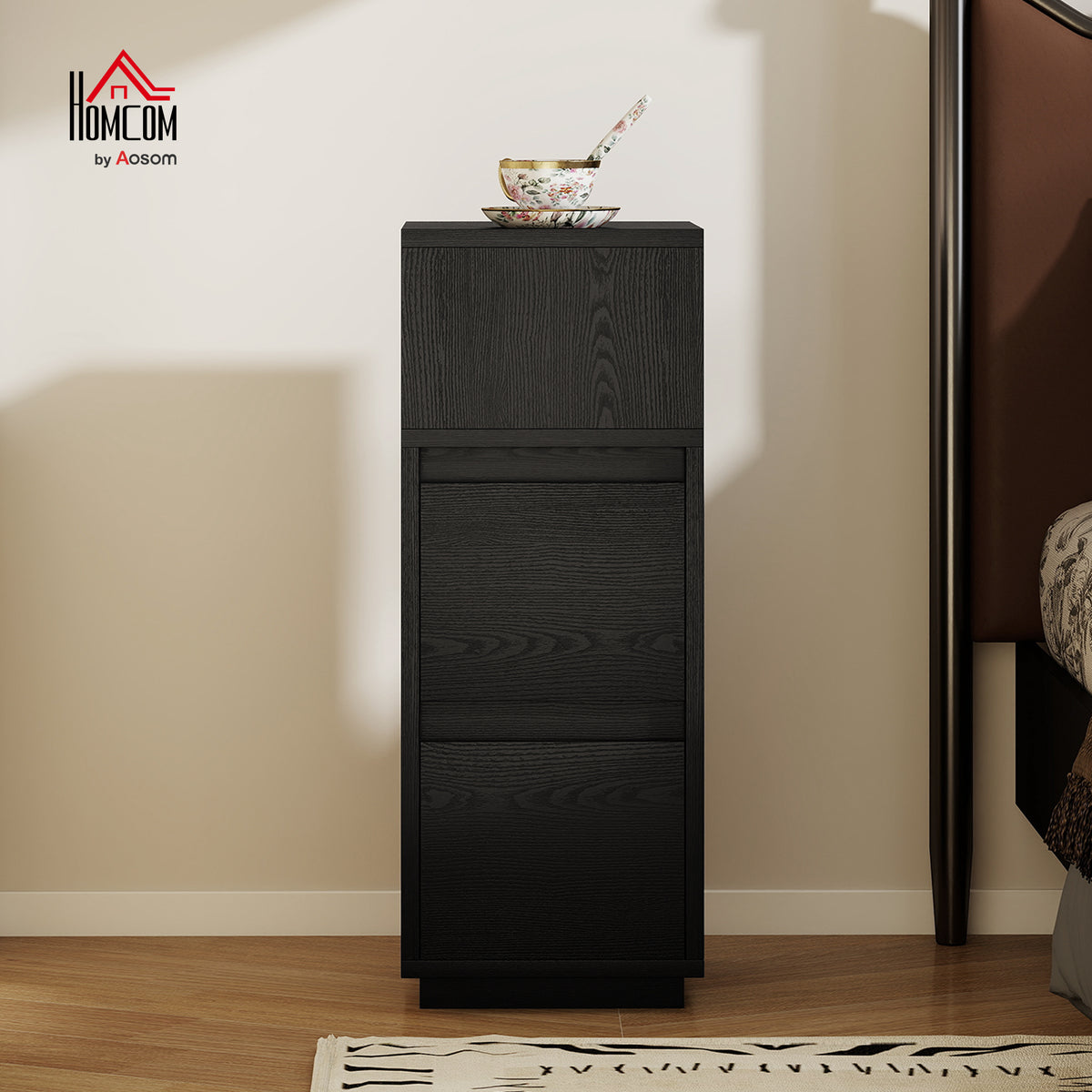 Slim Bedside Table, Bedside Cabinet with Open Shelf and 2 Drawers