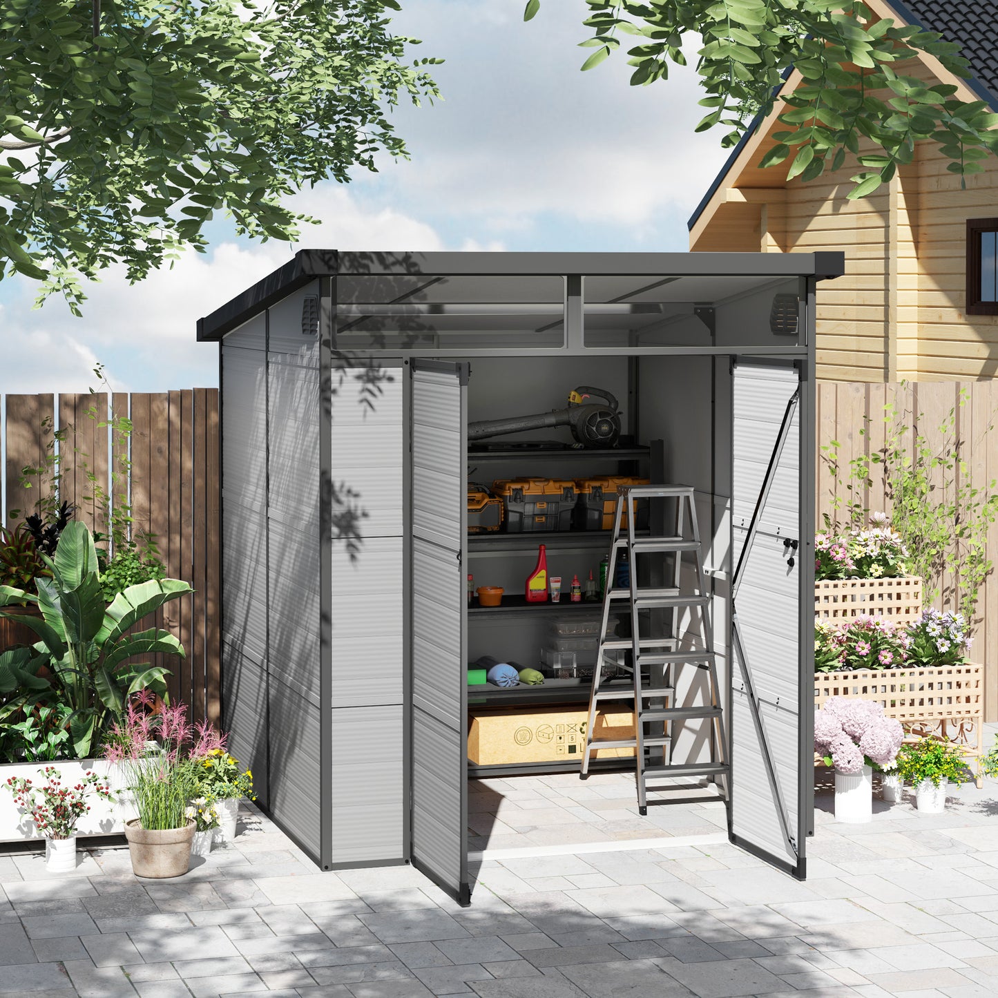 6 x 6ft Plastic Garden Shed with Windows and Air Vents, Light Grey