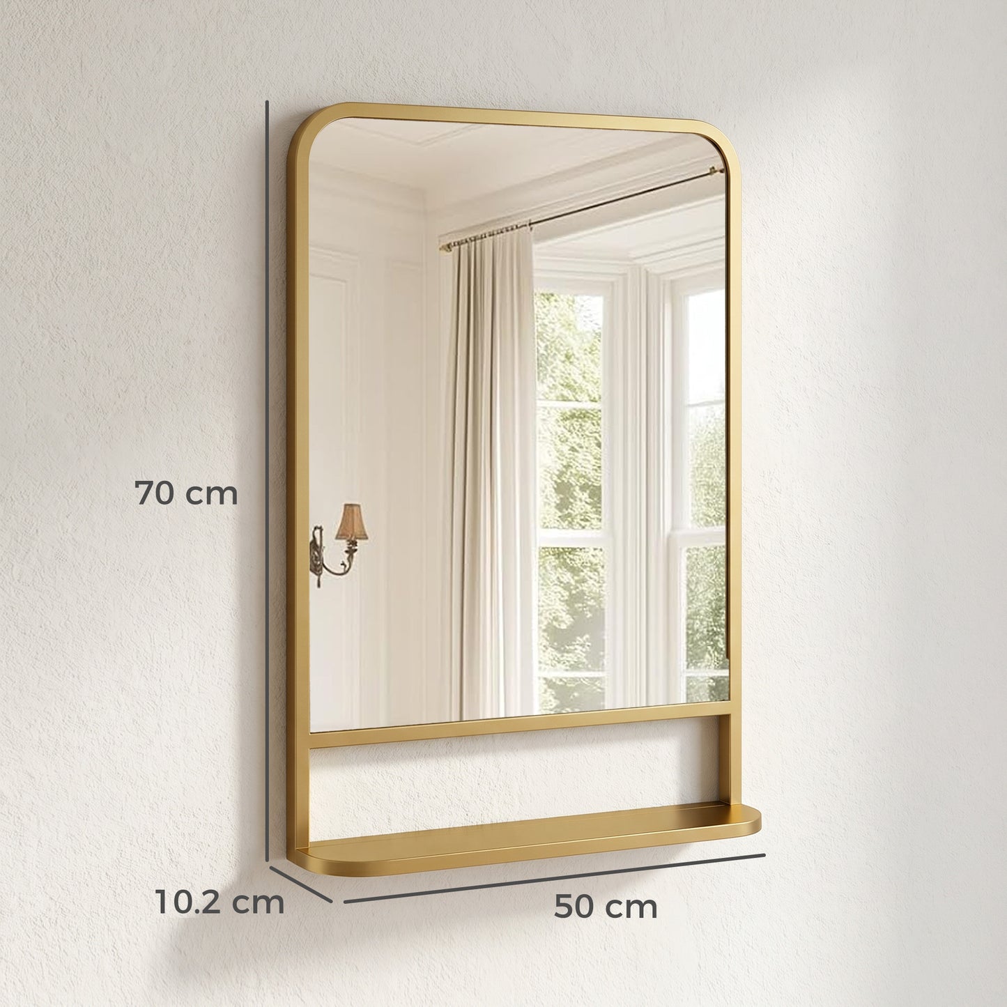 Modern Rectangular Wall Mirror with Storage Shelf, 70 x 50 cm Mirror for Living Room, Bedroom, Gold Tone