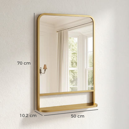 Modern Rectangular Wall Mirror with Storage Shelf, 70 x 50 cm Mirror for Living Room, Bedroom, Gold Tone