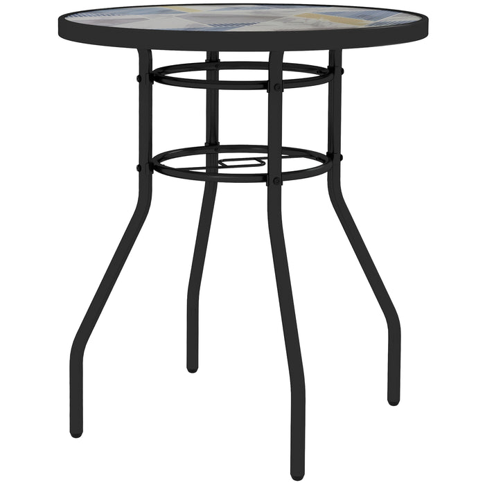 Tempered Glass Top Garden Table with Glass Printed Design, Steel Frame, Foot Pads for Porch, Balcony, Multicolour