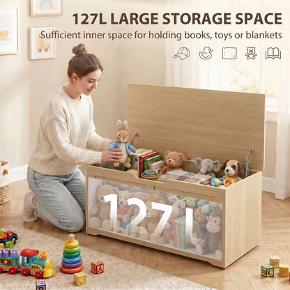 Storage Trunk for Living Room, with Safety Hinges, 100cm, Nature Wood