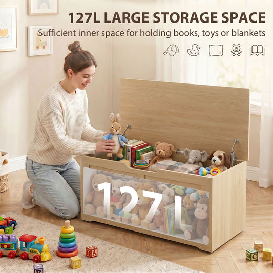 Storage Trunk for Living Room, with Safety Hinges, 100cm, Nature Wood