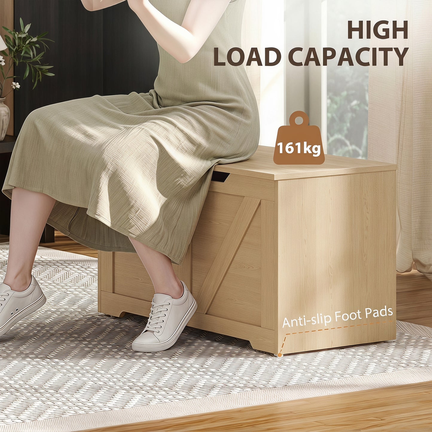 Storage Trunk for Living Room, with Safety Hinges, 100cm, Nature Wood